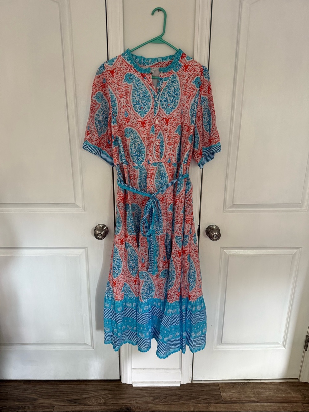 Blue and Coral Paisley Midi Dress with Belt